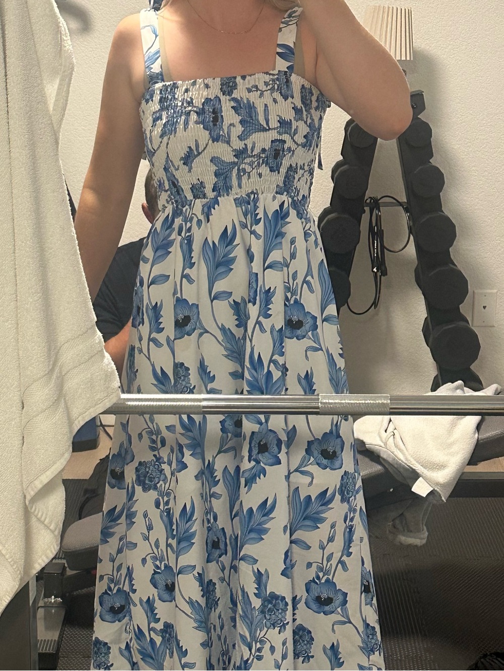 Smocked Floral Midi Dress in Blue and White